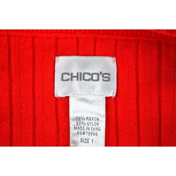 Chico's Henley Top Women 1 Medium M Knit Orange‎ Red Ribbed Gold Snap Buttons - Picture 2 of 7